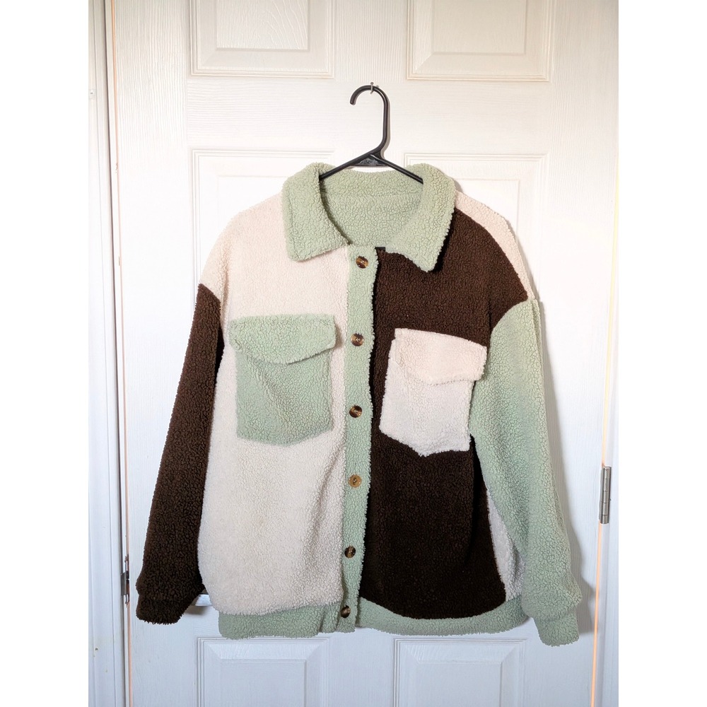 Colorblock Teddy Fleece Jacket Sage Green Cream Brown Button Front Shacket